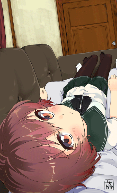 1girl :t admiral_(kantai_collection) animated animated_gif black_legwear blush breasts brown_hair closed_eyes commentary_request couch door green_skirt kantai_collection lying_on_person military military_uniform mokyutan mutsuki_(kantai_collection) naval_uniform neckerchief office one_eye_closed pantyhose petting pleated_skirt pout school_uniform serafuku short_hair short_sleeves skirt small smile uniform