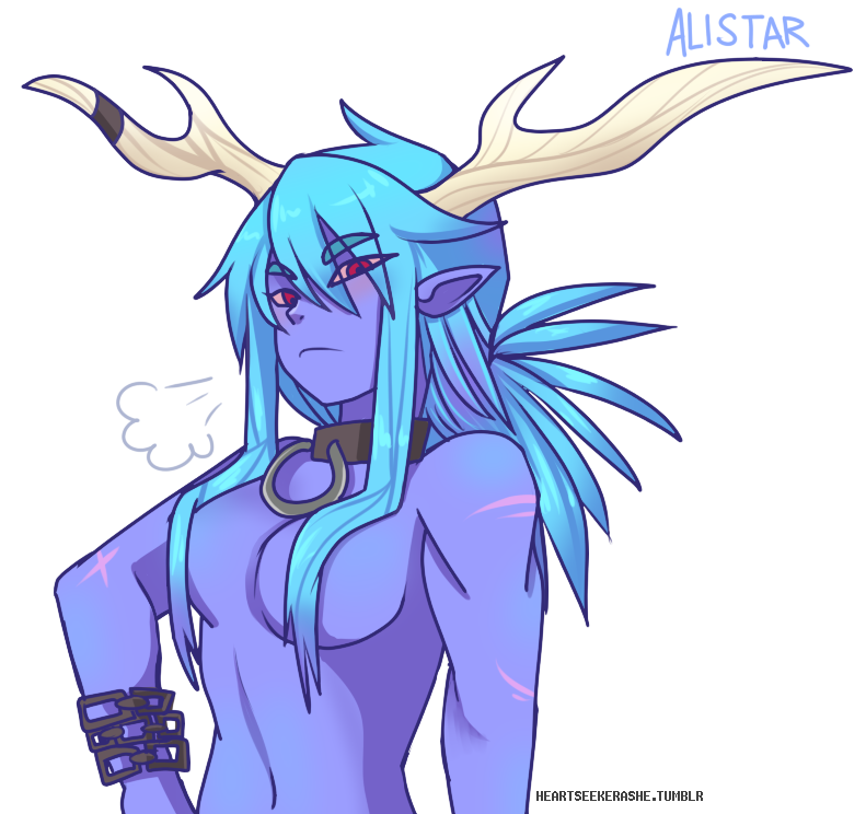 andogg antlers blue_skin breasts breath collar convenient_censorship female hair horn humanoid looking_at_viewer nude solo