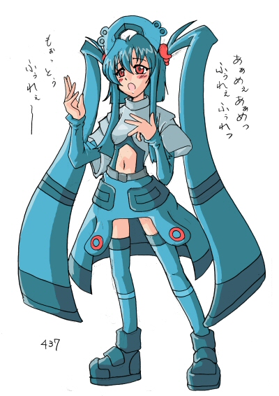 :o bangs blue blue_footwear blue_hair blue_legwear blue_shirt blue_skirt blush breasts bronzong crop_top eyebrows_visible_through_hair eyelashes facing_viewer full_body gen_4_pokemon grey_shirt hair_between_eyes hand_on_own_chest long_hair long_sleeves looking_away looking_up mamecho_(ageatcosh) miniskirt navel navel_cutout number open_mouth personification pokemon pokemon_(game) pokemon_dppt red_eyes shirt shoes short_over_long_sleeves short_sleeves simple_background skirt sleeves_past_wrists small_breasts solo standing tareme text_focus thighhighs tiara translation_request turtleneck twintails undershirt very_long_hair white_background wide_sleeves zettai_ryouiki
