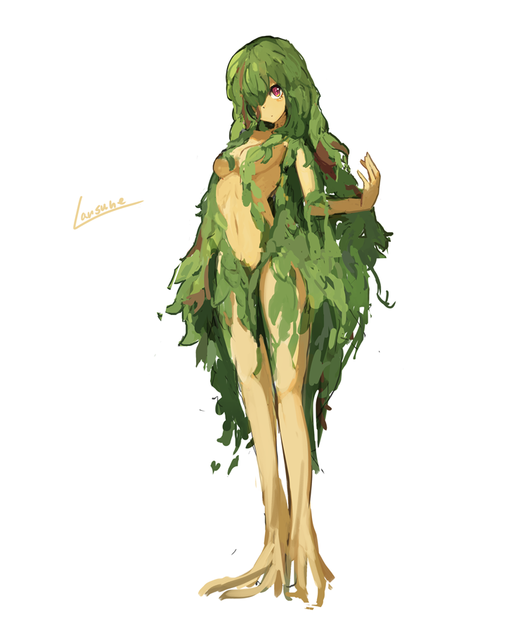 artist_name breasts brown_eyes full_body green_hair hair_censor hair_over_one_eye hand_up lansane leaf long_hair looking_at_viewer medium_breasts monster_girl navel nude original plant plant_girl plant_hair roots sidelocks signature simple_background very_long_hair vines white_background