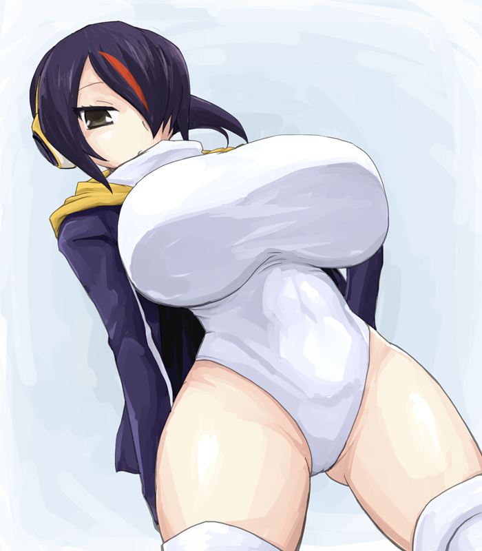 black_hair breasts brown_eyes commentary_request covered_navel emperor_penguin_(kemono_friends) hair_over_one_eye headphones highleg hood hoodie huge_breasts impossible_clothes jacket kemono_friends leotard long_hair looking_at_viewer multicolored_hair open_clothes oro_(zetsubou_girl) solo thighhighs white_legwear white_leotard