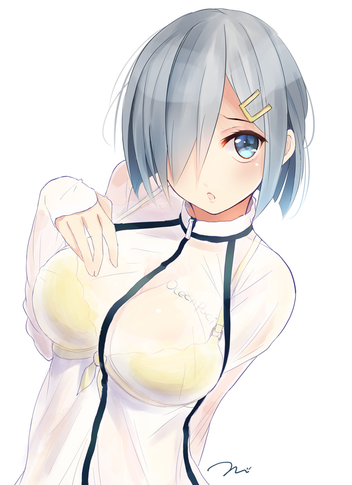 alternate_costume arm_behind_back blue_eyes bra breasts eyebrows hair_ornament hair_over_one_eye hairclip hamakaze_(kantai_collection) kantai_collection large_breasts long_sleeves looking_at_viewer see-through short_hair simple_background solo sportswear tebi_(tbd11) underwear white_background white_hair