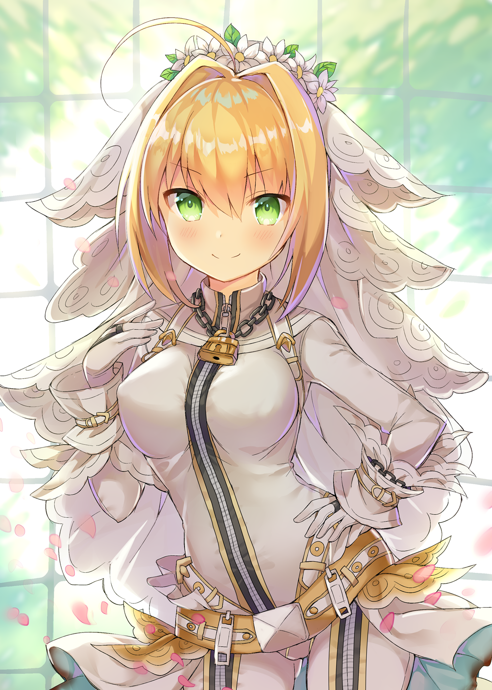 &gt;:) ahoge ass_visible_through_thighs backlighting bangs belt belt_buckle blonde_hair blush bodysuit breasts bridal_veil buckle chain closed_mouth contrapposto cowboy_shot day eyebrows_visible_through_hair fate/extra fate/extra_ccc fate_(series) flower flower_wreath full-length_zipper gloves green_eyes hair_between_eyes hair_flower hair_intakes hair_ornament hand_on_hip hand_up head_wreath highres hips indoors light_smile lock looking_at_viewer loose_belt medium_breasts narusegawa_riko nero_claudius_(bride)_(fate) nero_claudius_(fate)_(all) padlock petals showgirl_skirt sidelocks skirt smile solo standing sunlight tied_hair tree turtleneck v-shaped_eyebrows veil white_bodysuit white_flower white_gloves white_skirt window wrist_cuffs zipper zipper_pull_tab