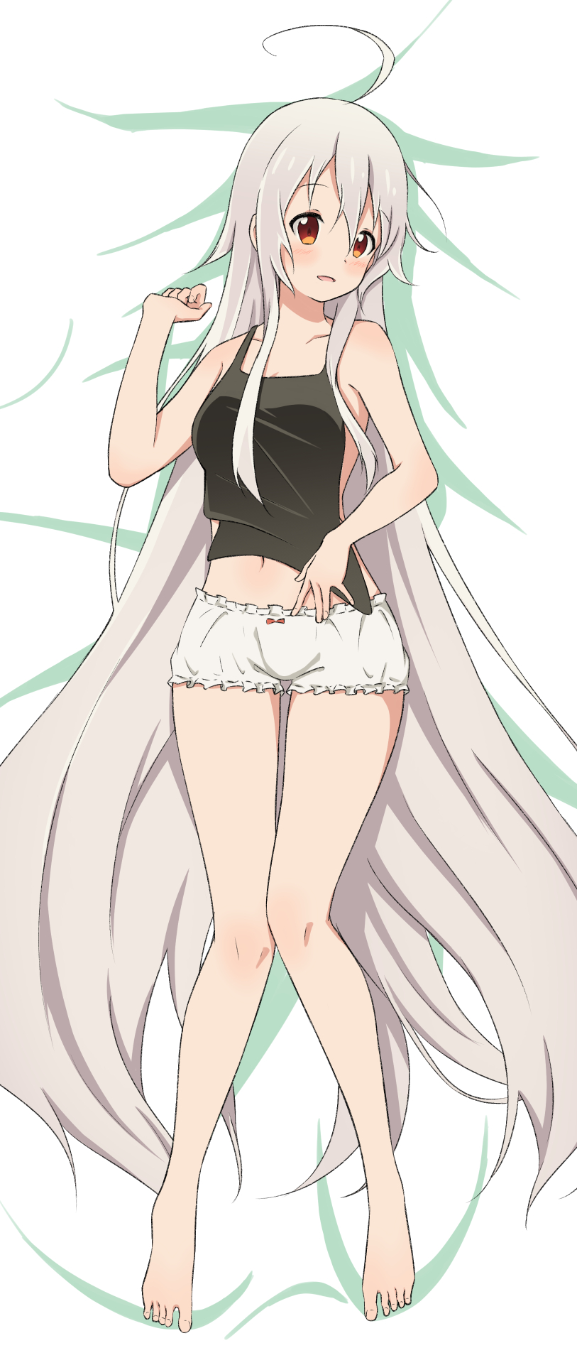 ahoge barefoot bed bloomers blush breasts brown_eyes chiya_(urara_meirochou) cleavage collarbone feet highres long_hair lying medium_breasts motsutoko navel on_back open_mouth smile solo underwear urara_meirochou very_long_hair white_bloomers white_hair