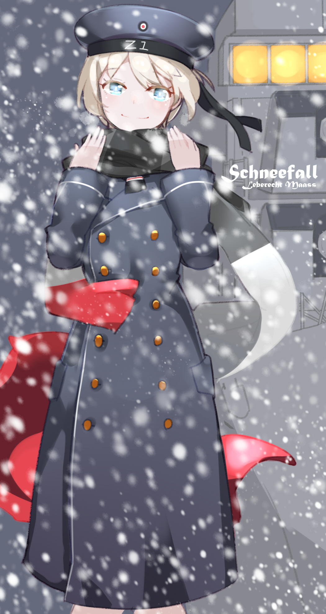 aosora_kamiya blonde_hair blue_eyes coat double-breasted german hat highres kantai_collection looking_at_viewer sailor_hat scarf short_hair snowing solo translated winter_clothes winter_coat z1_leberecht_maass_(kantai_collection)