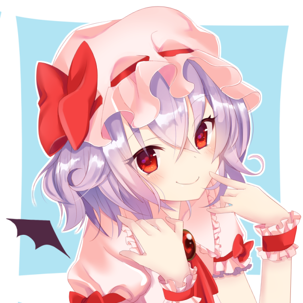 bat_wings blouse blue_background blush bow brooch cravat finger_to_face hair_between_eyes hat hat_bow hat_ribbon jewelry looking_at_viewer mob_cap nekomiya_noru_(yuduki710) pink_blouse puffy_short_sleeves puffy_sleeves purple_hair red_eyes remilia_scarlet ribbon short_hair short_sleeves simple_background smile solo touhou upper_body wings wrist_cuffs