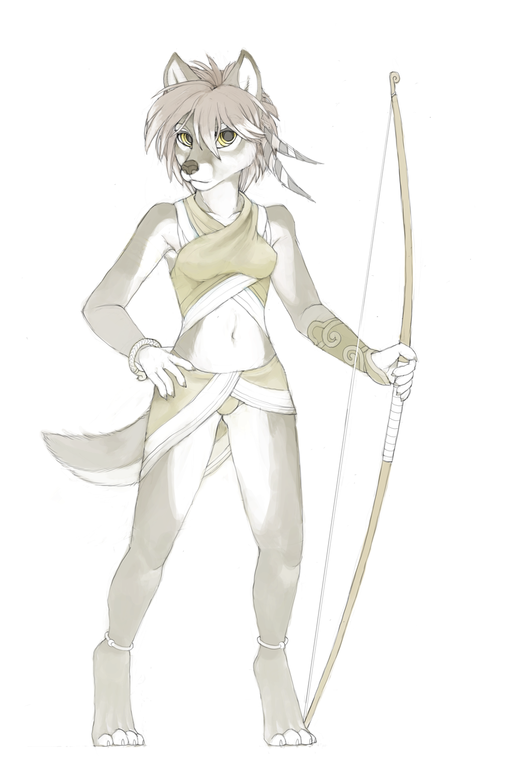 4_toes 5_fingers anthro barefoot bow_(weapon) canine clothed clothing digitigrade female foxmode holding_object holding_weapon longbow mammal navel ranged_weapon simple_background solo standing toes weapon white_background yellow_eyes