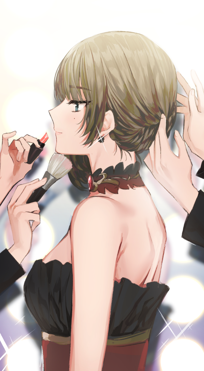 1girl applying_makeup back bare_shoulders blue_eyes breasts brown_hair choker earrings eyebrows_visible_through_hair from_side gambe glint hairdressing highres idolmaster idolmaster_cinderella_girls jewelry lips lipstick_tube makeup_brush medium_breasts mole mole_under_eye out_of_frame profile shoulder_blades sleeveless smile solo_focus strapless takagaki_kaede upper_body
