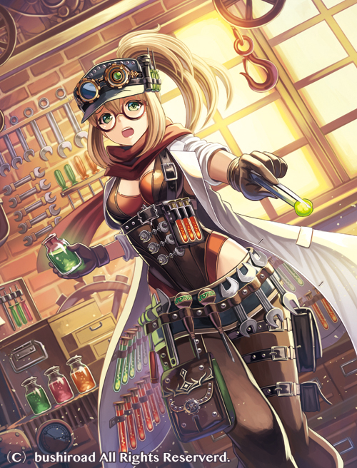 awl belt blonde_hair bottle breasts brick_wall brown-framed_eyewear brown_gloves cardfight!!_vanguard cleavage coat company_name dutch_angle flask foreshortening glasses gloves goggles goggles_on_headwear green_eyes hat high_ponytail highleg highleg_leotard hook indoors labcoat leotard long_hair looking_at_viewer madopen medium_breasts official_art open_clothes open_coat open_mouth outstretched_arm pants ponytail pouch scarf solo steam_doctor_enja steampunk thigh_strap tool_belt tools vial watermark window workshop wrench