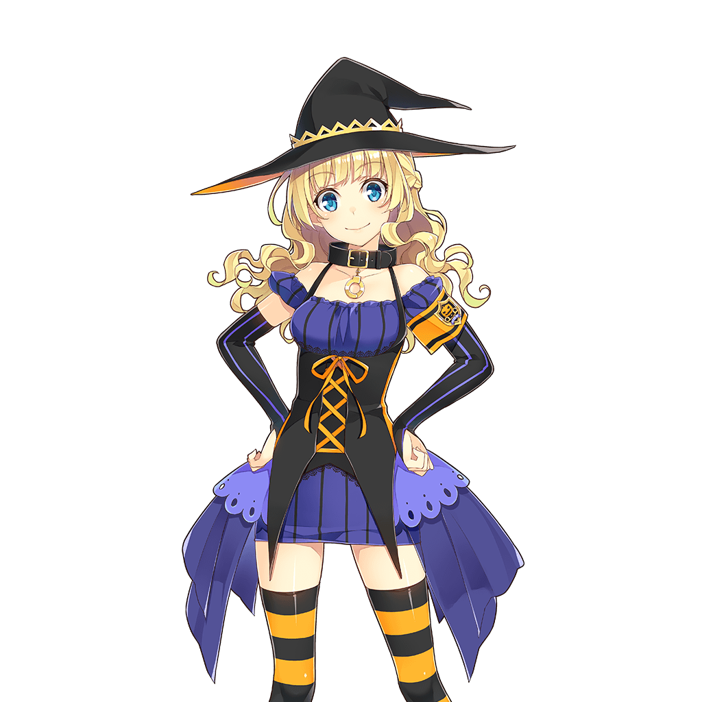 amelie_mcgregor blonde_hair bridal_gauntlets collar dress eyebrows_visible_through_hair hands_on_hips hat long_hair looking_at_viewer mmu official_art smile solo striped striped_legwear thighhighs transparent_background uchi_no_hime-sama_ga_ichiban_kawaii underbust vertical_stripes witch_hat