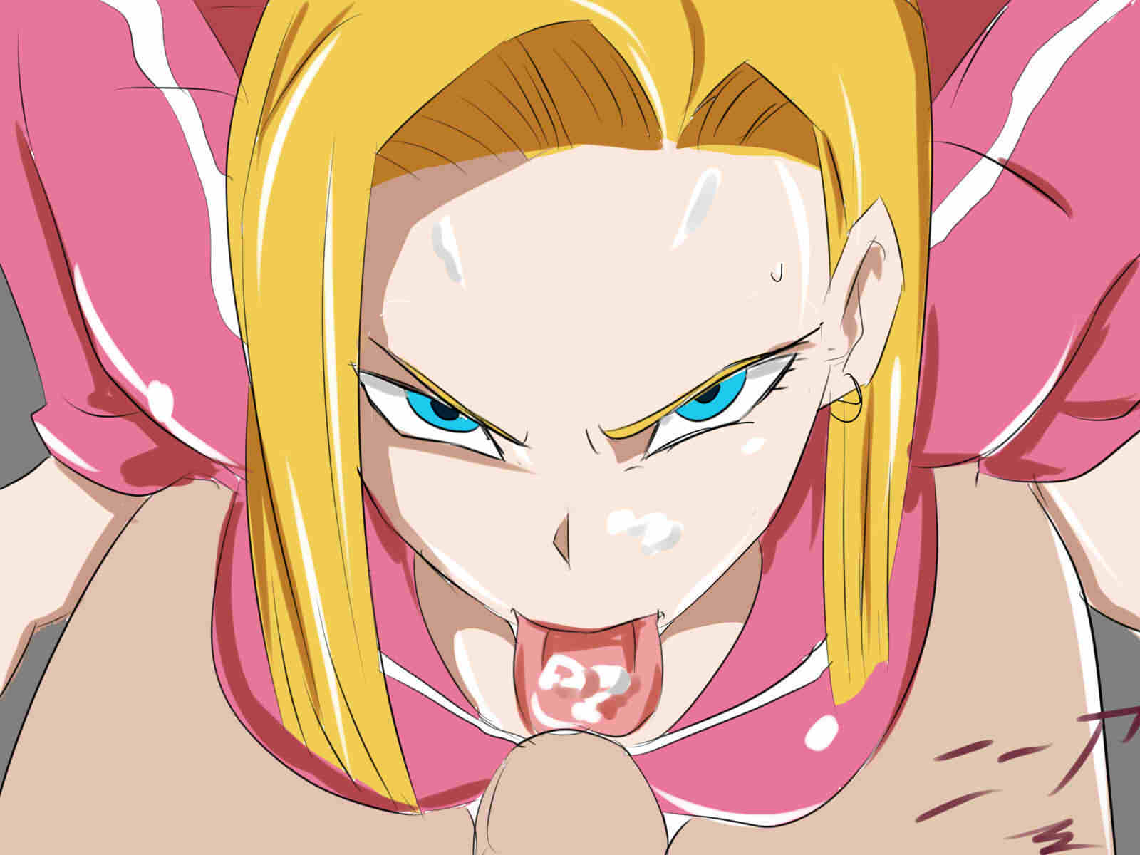 1girl android_18 blonde_hair blue_eyes bob_cut breasts clothed_female_nude_male cum cum_in_mouth cum_on_tongue dragon_ball dragonball_z earrings eyebrows eyelashes facial fellatio from_above hetero highres hoop_earrings jacket jewelry large_breasts licking nier_(artist) nude oral penis pink_clothes pov pov_eye_contact scowl short_hair solo_focus tongue tongue_out track_jacket track_suit uncensored