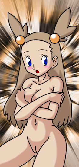 artist_request blue_eyes breasts brown_hair covering covering_breasts gym_leader hair_accessory hair_ornament jasmine mikan_(pokemon) nintendo nude nude_cover pokemon pussy shaved_pussy uncensored