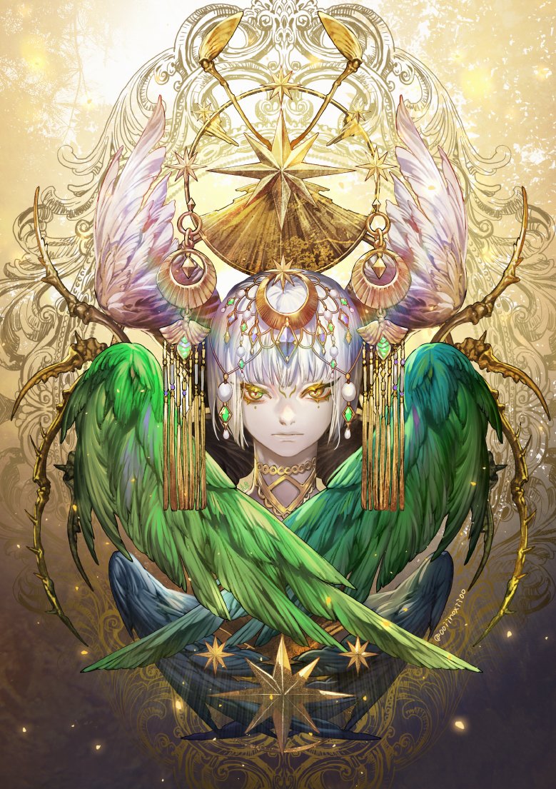 1other androgynous angel bangs blue_wings blunt_bangs chain chains circle closed_mouth commentary_request gold_chain green_wings hair_ornament halo korean_commentary looking_at_viewer mole mole_under_eye multiple_wings oollnoxlloo original pale_skin short_hair signature white_hair white_wings wings yellow_eyes