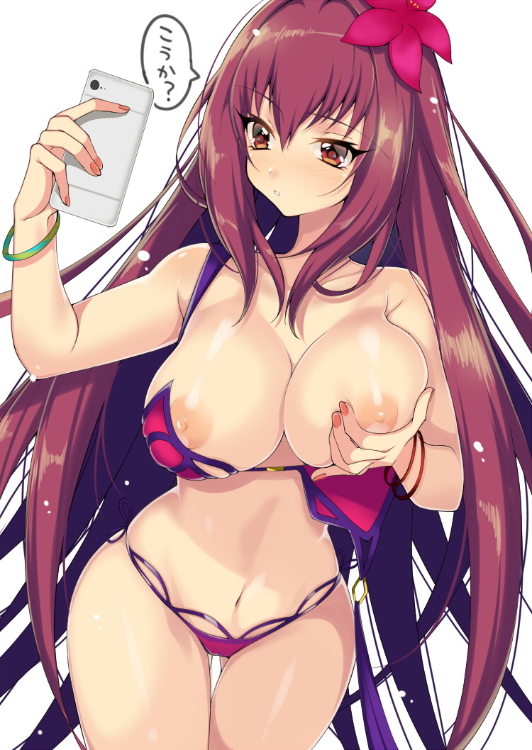 akishima_kei ass_visible_through_thighs bad_id bad_pixiv_id bikini blush bracelet breasts breasts_outside brown_eyes cellphone eyebrows_visible_through_hair fate/grand_order fate_(series) fingernails flower hair_flower hair_intakes hair_ornament hibiscus jewelry large_breasts long_hair nail_polish navel nipples panties phone purple_bikini purple_hair purple_panties red_eyes red_nails scathach_(fate)_(all) scathach_(swimsuit_assassin)_(fate) self_fondle self_shot side-tie_panties simple_background skindentation smartphone solo swimsuit thigh_gap underwear very_long_hair white_background