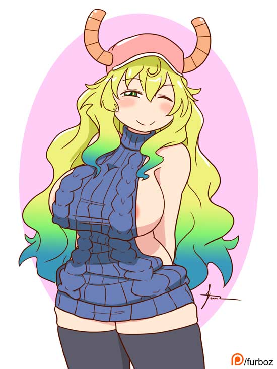 absolute_territory areola big_breasts blonde_hair blue_hair blush breasts clothed clothing compression_artifacts female furboz green_hair hair hat horn humanoid legwear long_hair looking_at_viewer miss_kobayashi's_dragon_maid one_eye_closed patreon quetzalcoatl_(dragon_maid) smile solo sweater thigh_highs virgin_killer_sweater