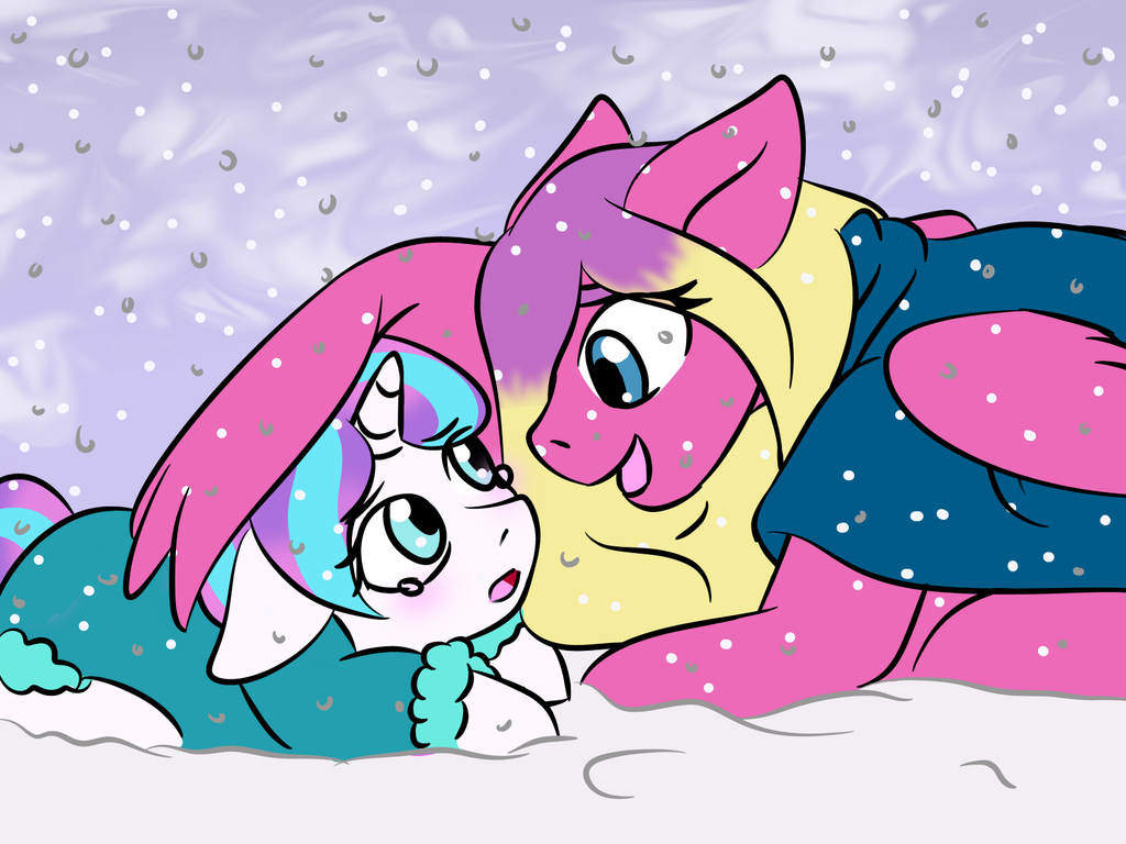 cloak clothing coat equine feral flurry_heart_(mlp) friendship_is_magic horn horse jolliapplegirl mammal my_little_pony pegasus pony skyla_(jolliapplegirl) smile snow story story_in_description tears unicorn wing_hug winged_unicorn wings