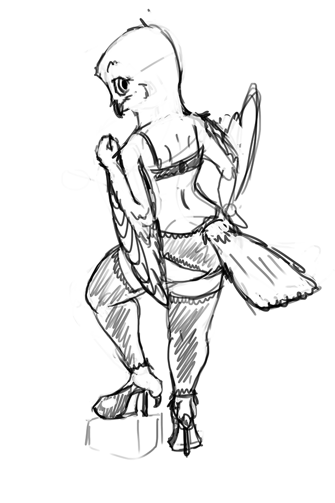 ambiguous_gender anthro avian beak biped bird bra cheek_tuft claws clothed clothing digital_drawing_(artwork) digital_media_(artwork) feather_tuft feathered_wings feathers feet fist footwear greyscale hand_on_hip head_tuft high_heels legwear lingerie looking_at_viewer looking_back monochrome nyar owl panties pinup pose rear_view shoes simple_background sketch smile snowy_owl solo standing step_pose stockings tail_feathers talons thigh_highs toe_claws toes tuft underwear white_background winged_arms wings