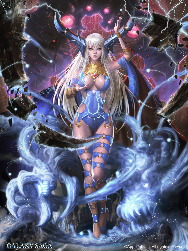 ass_visible_through_thighs blue_eyes blue_leotard bracer breasts company_name copyright_name crystal detached_sleeves electricity english full_body galaxy_saga horns icy_guardian kilart large_breasts leotard lips long_hair magic nail_polish parted_lips realistic revision silver_hair smoke solo standing thigh_strap very_long_hair watermark