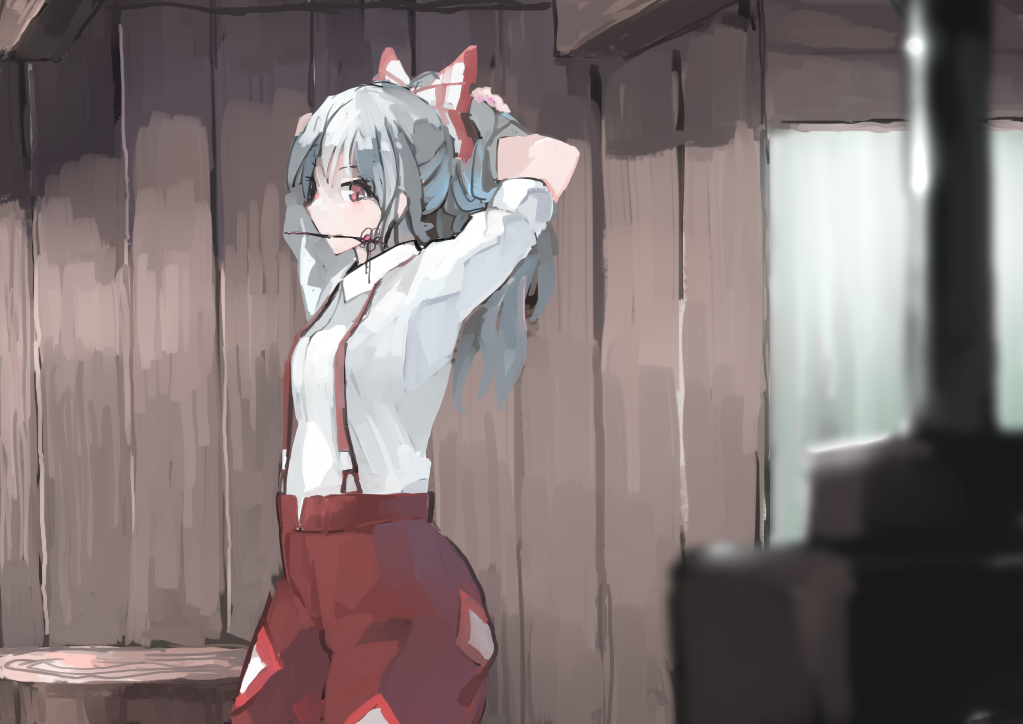 1girl arms_up bangs blurry_foreground bow commentary cowboy_shot eyebrows_visible_through_hair fujiwara_no_mokou hair_bow hair_ornament hair_stick ichiba_youichi indoors long_hair looking_at_viewer mouth_hold ofuda pants ponytail red_eyes red_pants shirt short_sleeves silver_hair solo standing suspenders touhou tying_hair white_bow white_shirt