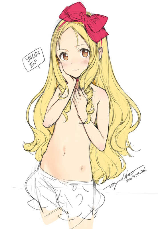 bangs blonde_hair blush bow brown_eyes character_name covering covering_breasts eromanga_sensei flat_chest hair_bow hairband hand_on_own_cheek hand_on_own_face long_hair looking_at_viewer navel ooyari_ashito simple_background sketch solo topless very_long_hair wavy_hair white_background yamada_elf