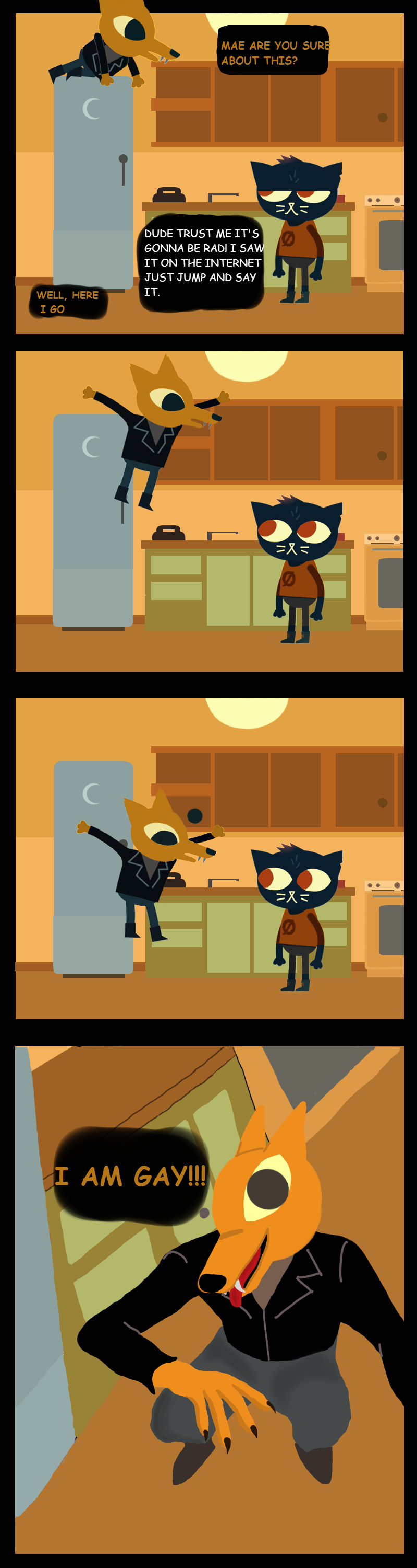 black_fur canine cat clothed clothing duo fangs feline female fox fur gregg_(nitw) kitchen madevich mae_(nitw) male mammal night_in_the_woods yellow_fur yellow_sclera