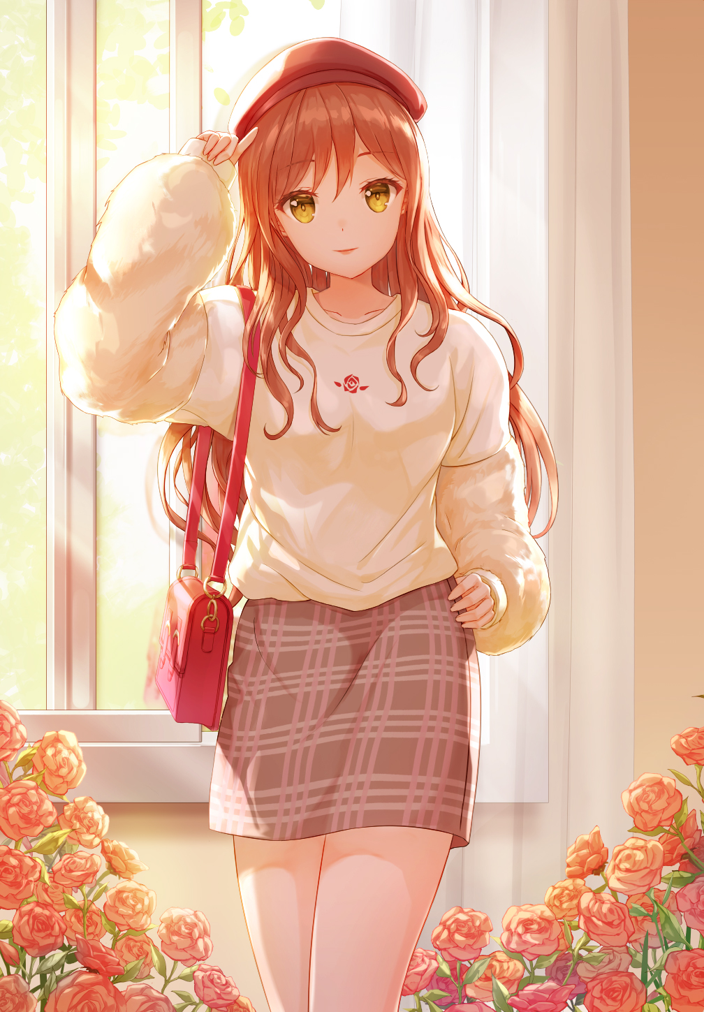 1girl arm_up bag bang_dream! bangs beret breasts brown_eyes brown_hair brown_skirt closed_mouth collarbone commentary_request curtains eyebrows_visible_through_hair flower hair_between_eyes hand_on_hip handbag hat head_tilt highres imai_lisa long_hair long_sleeves looking_at_viewer lunacle puffy_long_sleeves puffy_sleeves red_flower red_hat red_rose rose shirt shoulder_bag skirt sleeves_past_wrists small_breasts smile solo standing underwear very_long_hair white_shirt window