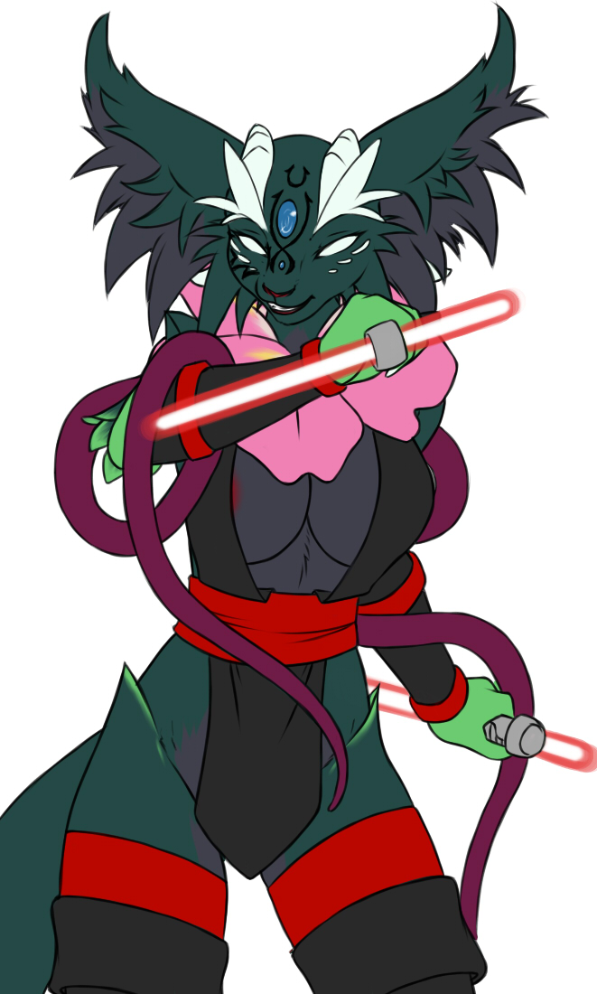 2017 anthro big_breasts boots breasts cleavage clothed clothing dual_wielding empty_eyes female footwear fur furball holding_object holding_weapon legwear multicolored_fur nightstick nipple_slip nokuri sei'ven simple_background sith skimpy smile solo thigh_highs weapon white_background