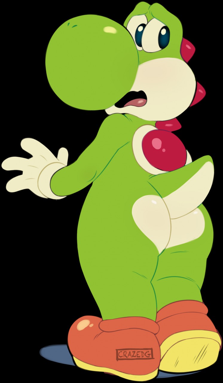 2017 ambiguous_gender anthro big_butt butt clothing crazedg embarrassed footwear gloves hi_res invalid_tag looking_back mario_bros mostly_nude nintendo open_mouth shoes shy simple_background slightly_chubby thick_thighs video_games yoshi