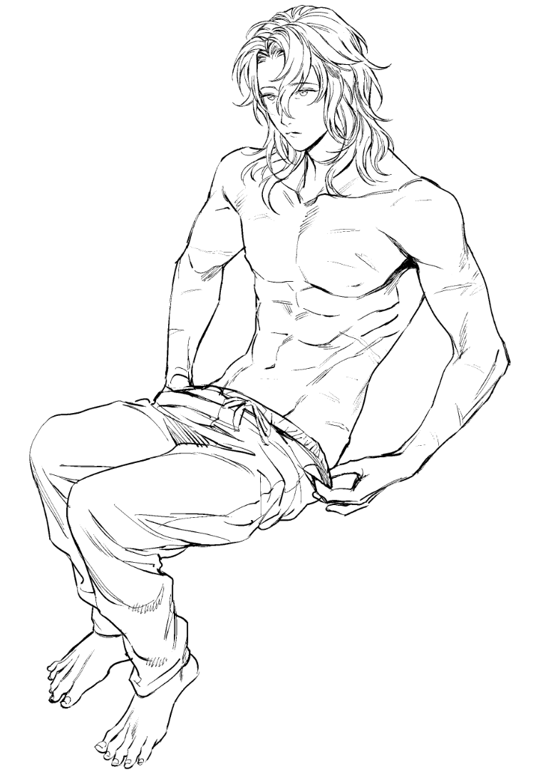 abs adonis_belt barefoot closed_mouth collarbone contemporary full_body granblue_fantasy k29 long_hair male_focus monochrome pants scar shirtless siegfried_(granblue_fantasy) sitting solo sweatpants undressing