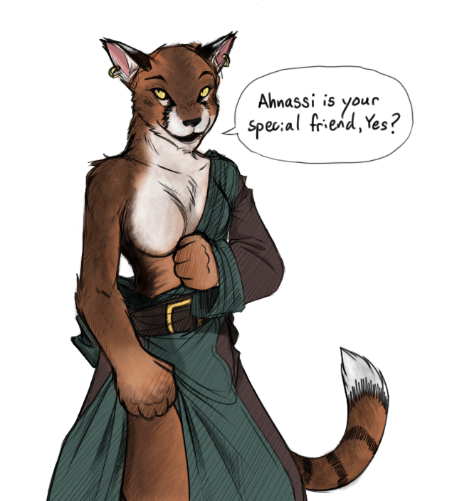 ahnassi anthro belt black_nose blush breasts brown_fur chest_tuft clothed clothing dialogue ear_piercing english_text featureless_breasts feline female fur khajiit looking_at_viewer mammal monochrome morrowind naturally_censored one_breast_out partially_clothed piercing ringtail robe simple_background smile smirk solo striped_fur stripes suggestive text the_elder_scrolls tom_fischbach tuft undressing video_games white_background white_fur yellow_eyes