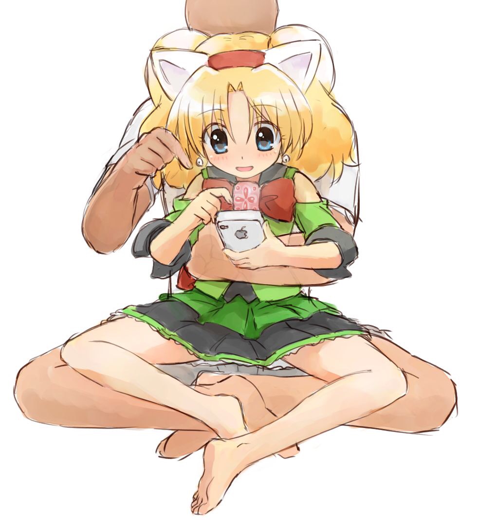 1boy 1girl :d animal_ears ankles barefoot blonde_hair blue_eyes bow cat_ears detached_sleeves earrings green_dress iphone jewelpet miria_marigold_mackenzie red_bow sitting sitting_on_lap soles toes twintails white_background
