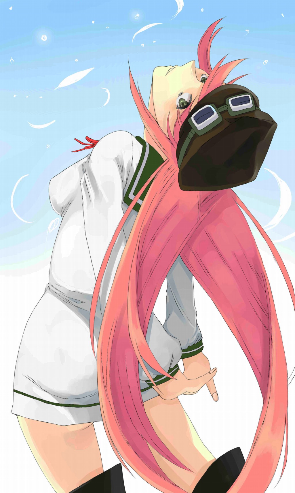 air_gear boots breasts goggles green_eyes hat highres large_breasts long_hair nurupo_(abooon) pink_hair school_uniform simca smile solo thighhighs very_long_hair