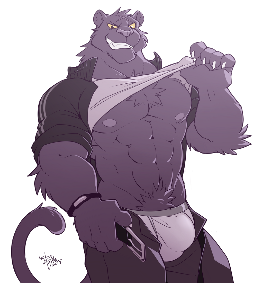 2017 abs anthro biceps big_muscles black_fur chest_tuft clothed clothing feline fur male mammal muscular muscular_male nipples panther pecs smile solo takemoto_arashi tuft