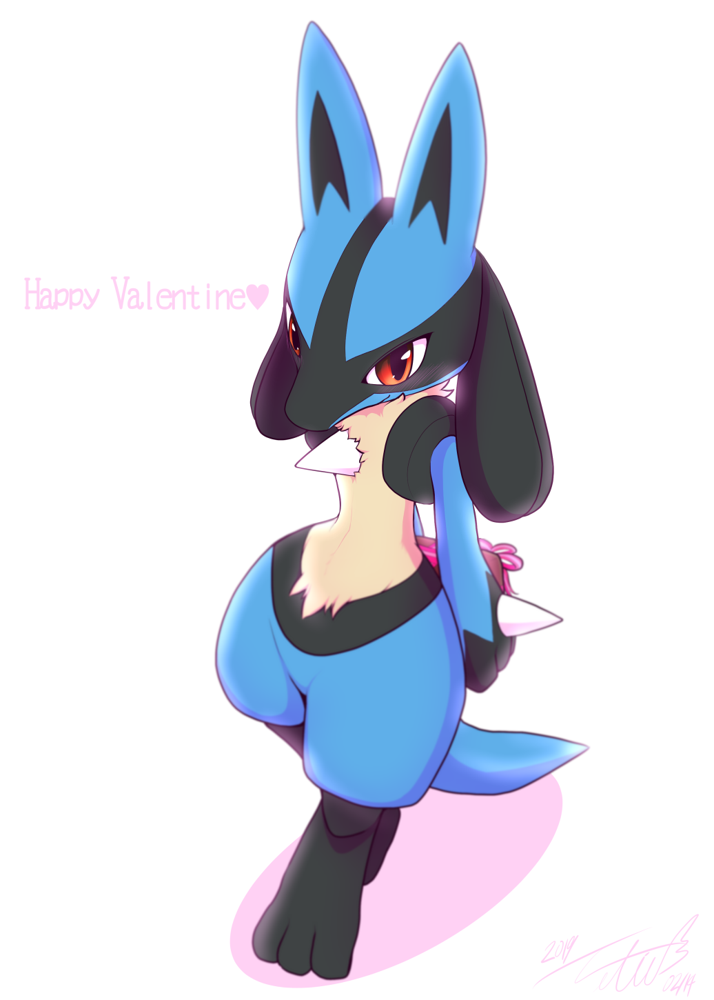 ambiguous_gender anthro blue_fur canid canine fur holidays looking_at_viewer lucario mammal netiel nintendo pok&eacute;mon pok&eacute;mon_(species) red_eyes simple_background smile solo standing valentine's_day video_games white_background