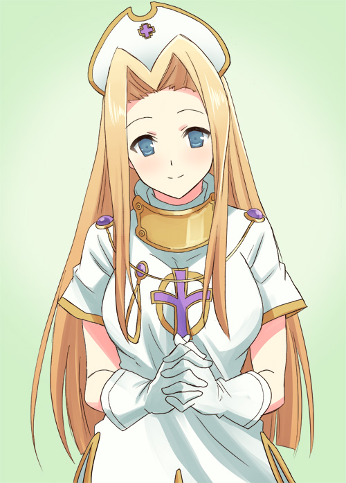 blonde_hair blue_eyes blush breasts dress duplicate gloves gradient gradient_background hands_clasped hat hyakuen_raitaa large_breasts long_hair looking_at_viewer mint_adenade own_hands_together smile solo tales_of_(series) tales_of_phantasia