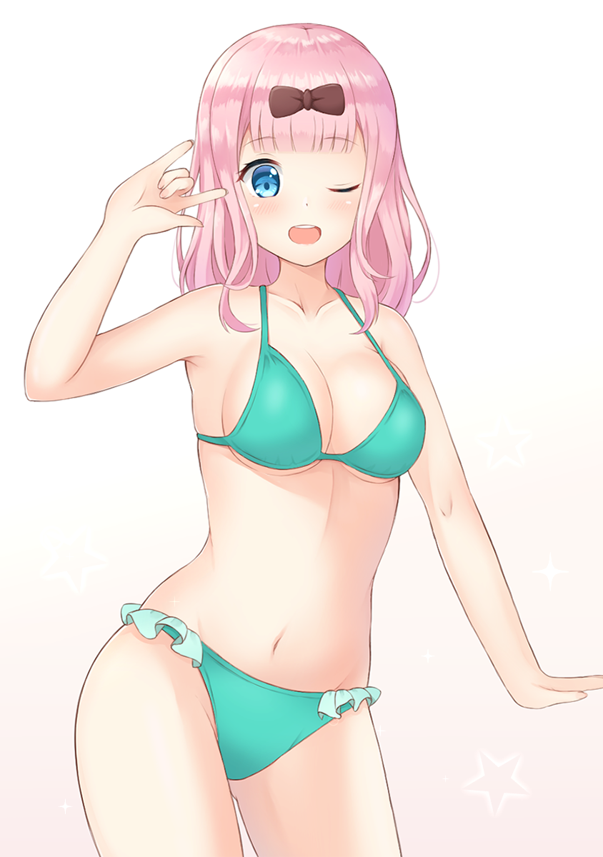 1girl ;d \m/ armpits bare_arms bare_shoulders bikini blue_eyes blush bow breasts brown_bow cleavage collarbone commentary_request cowboy_shot frilled_bikini frills fujiwara_chika gluteal_fold gradient gradient_background green_bikini groin hair_bow hand_up highres kaguya-sama_wa_kokurasetai_~tensai-tachi_no_renai_zunousen~ legs_apart long_hair looking_at_viewer medium_breasts navel one_eye_closed open_mouth pink_hair seventeen_(st17215) smile solo standing star stomach swimsuit upper_teeth white_background