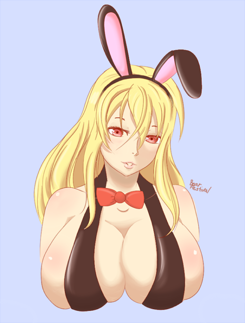 bear_festival blonde_hair breasts bunny_ears bunny_outfit huge_breasts leo_(senran_kagura) lips red_eyes senran_kagura solid_background