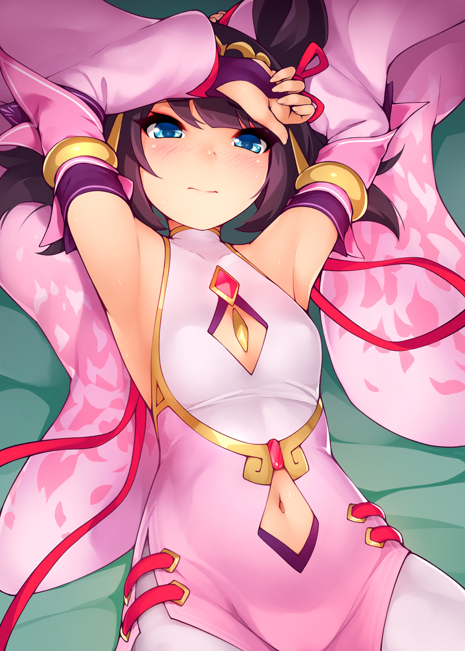 1girl armpits arms_up bangs blue_eyes blush breasts brown_hair china_dress chinese_clothes closed_mouth detached_sleeves dragalia_lost dress headpiece highres lin_you lips long_sleeves looking_at_viewer lying navel navel_cutout on_back pantyhose pink_dress ricegnat short_hair side_slit small_breasts solo white_legwear