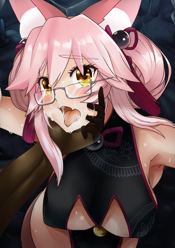 1girl animal_ear_fluff animal_ears artist_request bangs bare_shoulders black_dress blush breasts china_dress chinese_clothes cleavage dress eyebrows_visible_through_hair fang fate/grand_order fate_(series) fox_ears fox_tail glasses hair_between_eyes hair_ribbon koyanskaya large_breasts looking_at_viewer navel open_mouth pink_hair pink_ribbon ribbon side_slit sweat tail tamamo_(assassin)_(fate) tamamo_(fate)_(all) tamamo_no_mae_(fate) tears tongue tongue_out white-framed_eyewear yellow_eyes