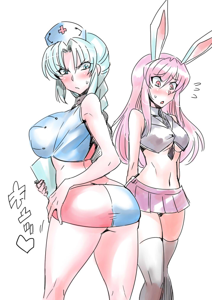 2girls animal_ears ass bare_shoulders blue_eyes blue_hair blush braided_ponytail breast_envy breasts bunny_ears commentary_request curvy feet_out_of_frame huge_ass large_breasts long_hair medium_breasts microskirt multiple_girls navel purple_eyes purple_hair reisen_udongein_inaba shirt simple_background skirt sleeveless sleeveless_shirt thick_thighs thighhighs thighs touhou tsuki_wani underboob undersized_clothes white_background wide_hips yagokoro_eirin