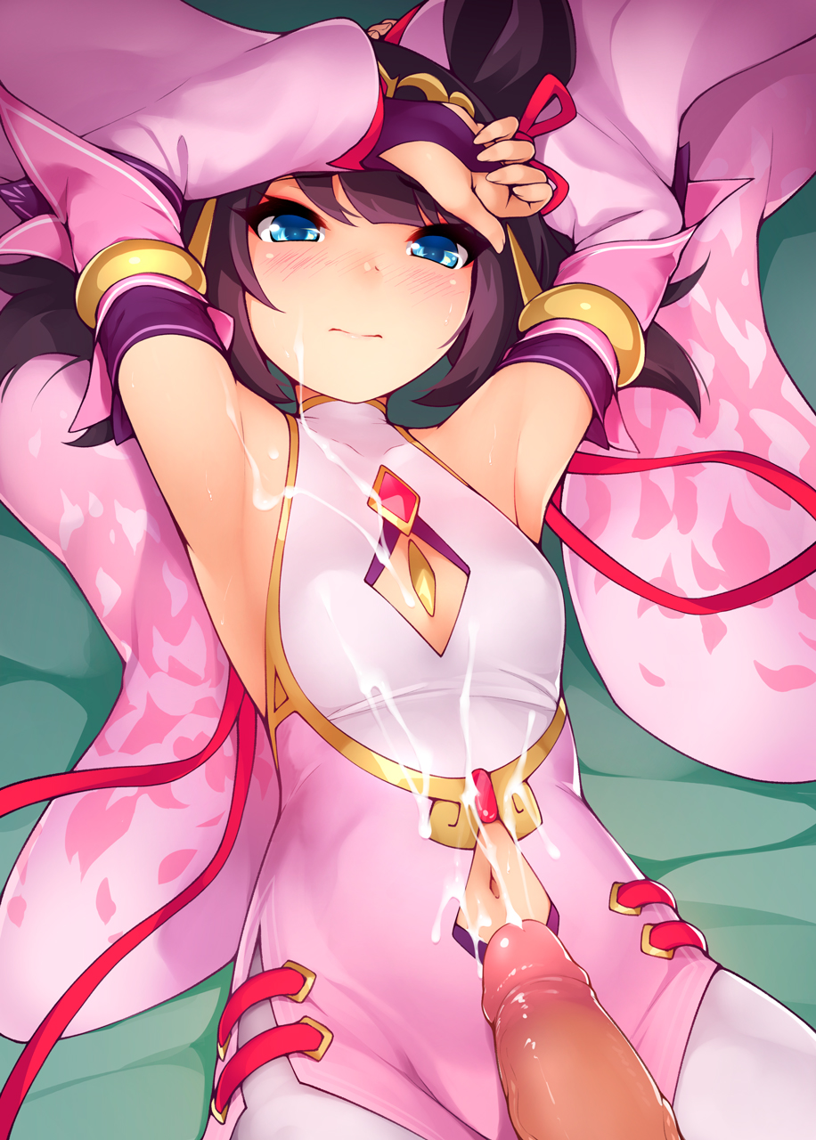 1boy 1girl armpits arms_up bangs blue_eyes blush breasts brown_hair china_dress chinese_clothes closed_mouth cum cum_on_body cum_on_clothes cum_on_stomach cum_on_upper_body detached_sleeves dragalia_lost dress facial headpiece highres lin_you lips long_sleeves looking_at_viewer lying navel navel_cutout on_back pantyhose penis pink_dress ricegnat short_hair side_slit small_breasts solo_focus uncensored white_legwear