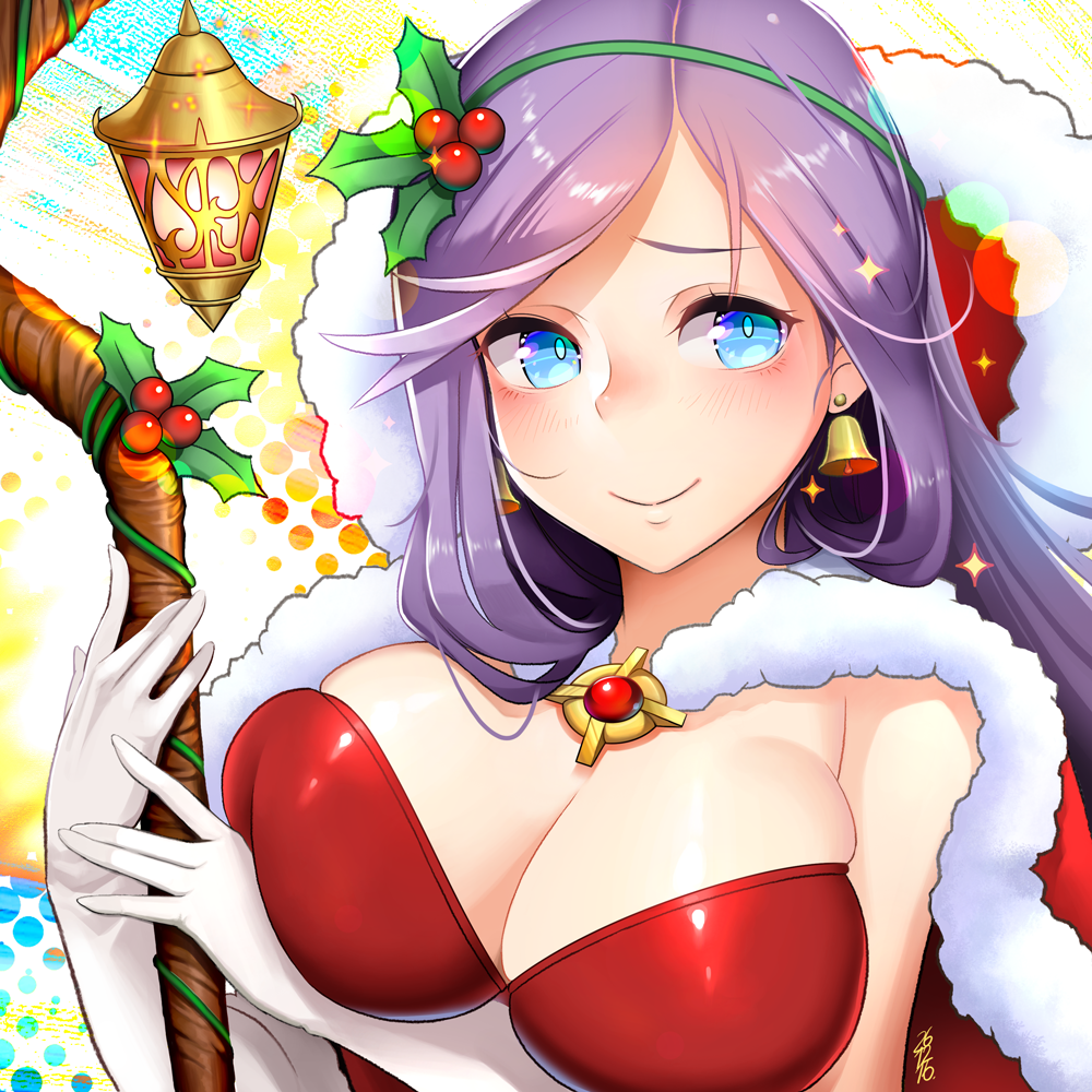 bell bell_earrings blue_eyes breast_hold breasts cape cleavage earrings elbow_gloves emilia_leblanc gloves hairband halftone halftone_background holly hood jewelry large_breasts league_of_legends long_hair mistletoe_leblanc purple_hair rangsiwut_sangwatsharakul smile solo sparkle staff upper_body white_gloves