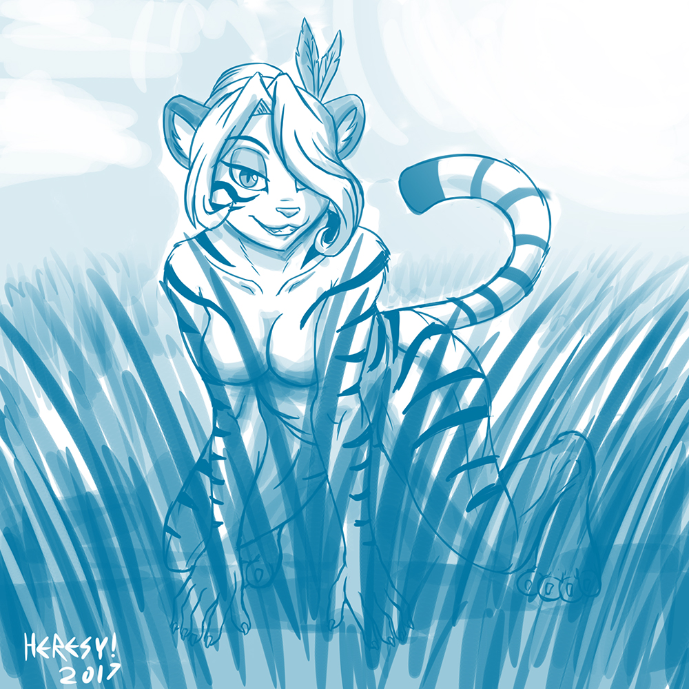 2017 anthro blue_and_white breasts claws eyelashes featureless_breasts feline female fur grass grin hair hair_over_eye half-closed_eyes heresy_(artist) iris_(twokinds) keidran mammal monochrome nude signature smile solo striped_fur stripes tiger toe_claws twokinds