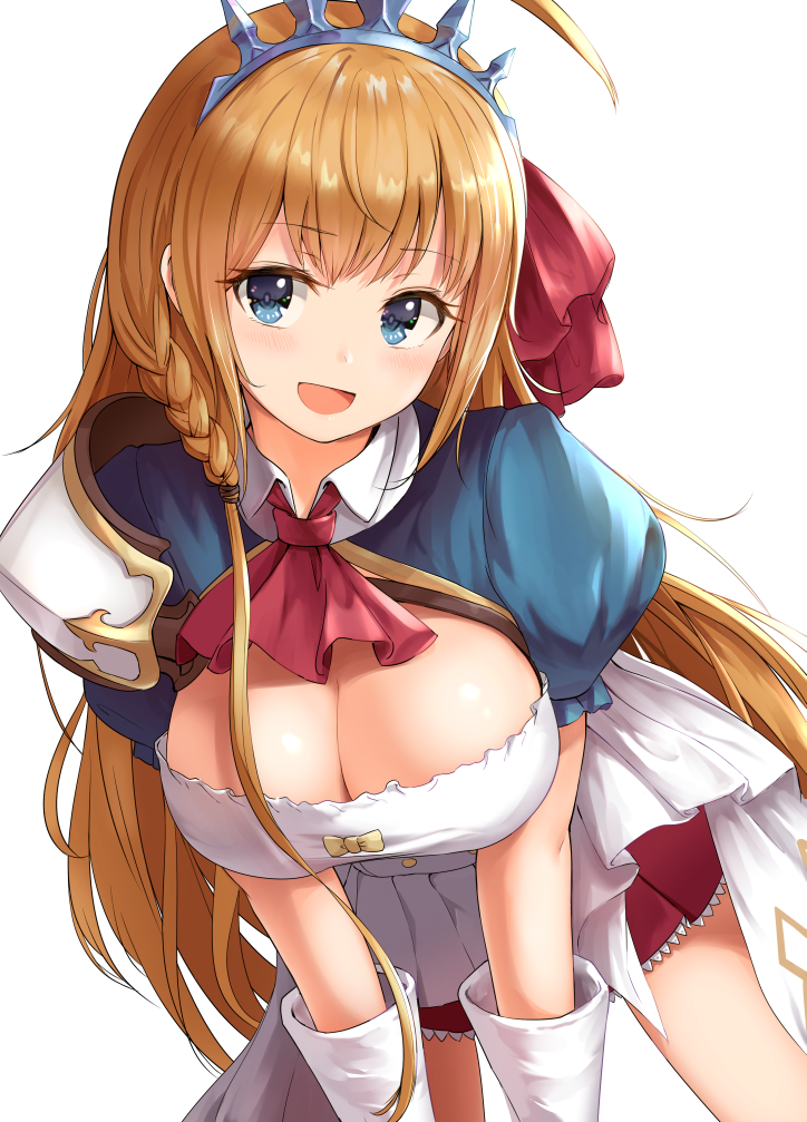 1girl :d ahoge ascot bangs bent_over blue_eyes blush bow braid breasts cleavage commentary_request dargo eyebrows_visible_through_hair gloves hair_bow large_breasts long_hair looking_at_viewer open_mouth orange_hair pecorine pleated_skirt princess_connect! princess_connect!_re:dive puffy_short_sleeves puffy_sleeves red_bow red_neckwear red_skirt shirt short_sleeves shoulder_armor sidelocks simple_background single_braid skirt smile solo tiara white_background white_gloves white_shirt white_skirt wing_collar yellow_bow