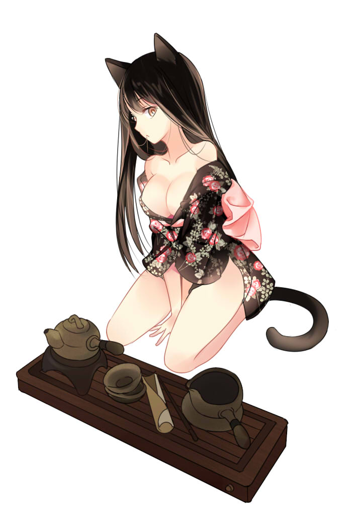 animal_ears bangs between_legs black_hair black_kimono bowl breasts cat_ears cat_girl cat_tail cleavage collarbone eyebrows_visible_through_hair floral_print hand_between_legs japanese_clothes kimono large_breasts long_hair looking_at_viewer mana_(418208360) original seiza short_kimono side_handle_teapot simple_background sitting solo tail teapot thighs white_background