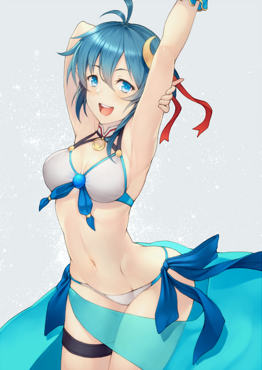 1girl :d aqua_sarong arched_back armpits arms_up banned_artist bare_arms bare_shoulders bikini blue_eyes blue_hair breasts cleavage cowboy_shot crescent crescent_hair_ornament front-tie_bikini front-tie_top groin hair_ornament hips kyoeiki looking_at_viewer navel open_mouth pale_skin pointy_ears rena_lanford sarong see-through see-through_silhouette shiny shiny_hair short_hair side-tie_bikini smile solo star_ocean star_ocean_the_second_story swimsuit