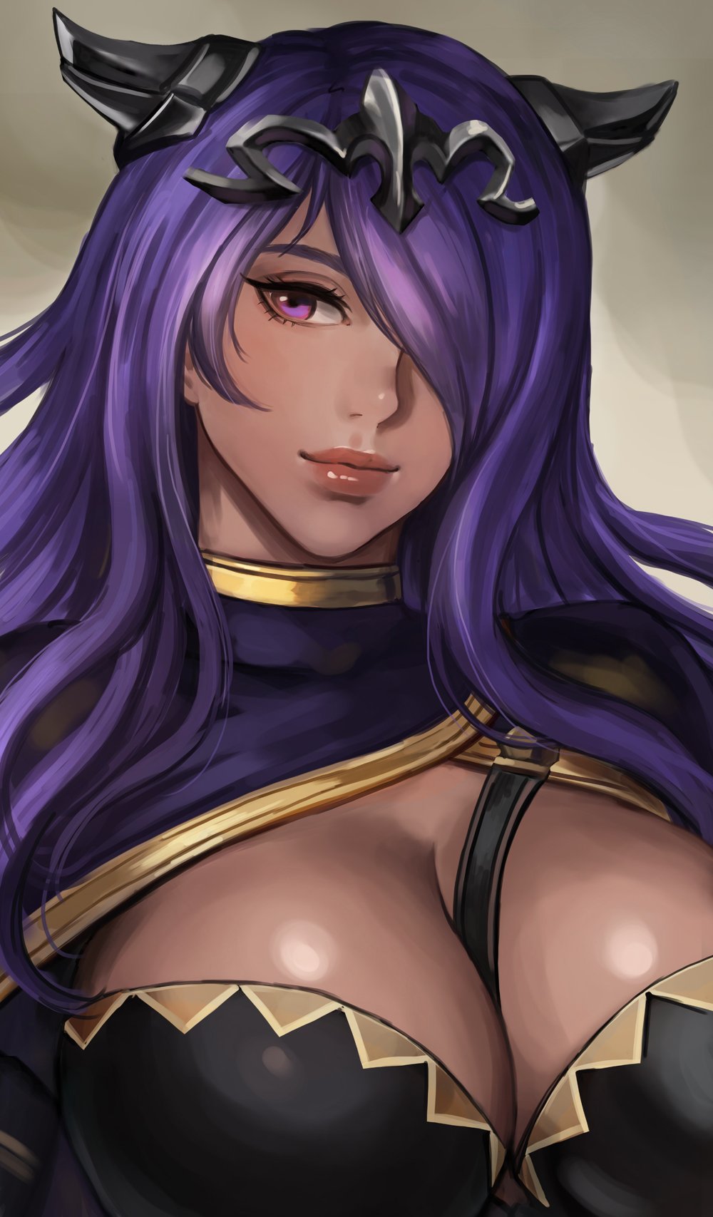 1girl black_armor breasts camilla_(fire_emblem_if) cleavage closed_mouth commentary english_commentary face fire_emblem fire_emblem_heroes fire_emblem_if hair_ornament hair_over_one_eye highres large_breasts lips long_hair looking_at_viewer nintendo portrait purple_eyes purple_hair smile soffa strap tiara wavy_hair