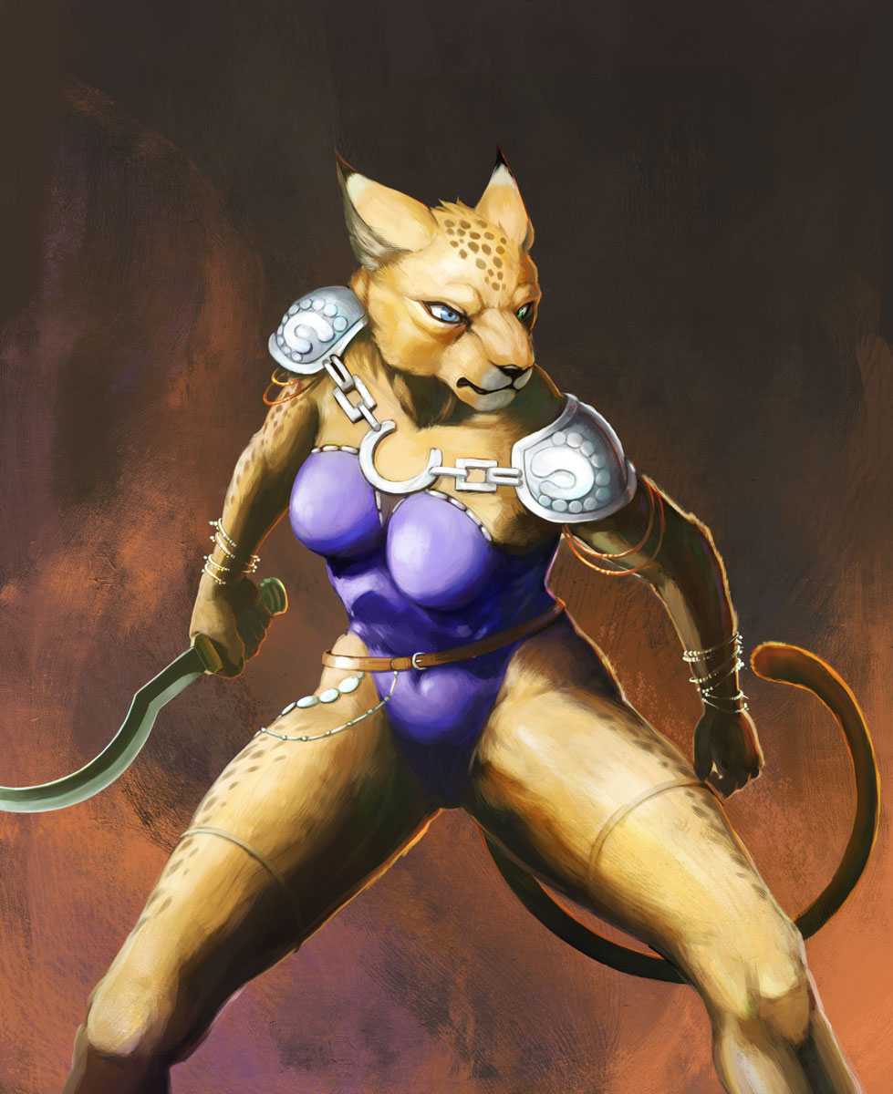 angry anthro clothing dagger felid female leonin magic_the_gathering mammal melee_weapon mirri_cat_warrior solo weapon yen_rin