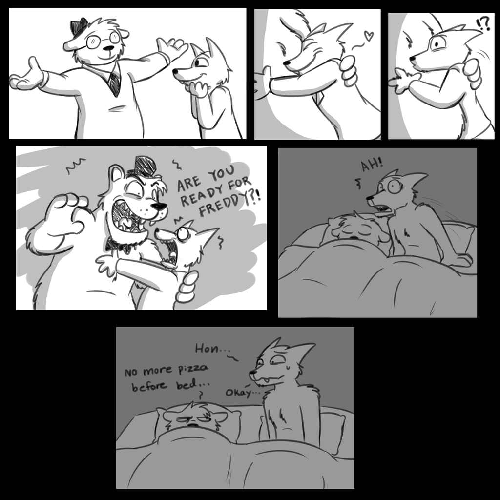 &lt;3 2017 ?! angus_(nitw) anthro bear bed bow_tie canine clothed clothing comic crossover dream duo english_text eyes_closed eyewear five_nights_at_freddy's fox freddy_(fnaf) fur glasses gregg_(nitw) greyscale hat humor inside male male/male mammal monochrome necktie night_in_the_woods nightmare nude open_mouth pillow romantic_couple scared sleeping teeth text tongue tongue_out video_games wolfscar2810