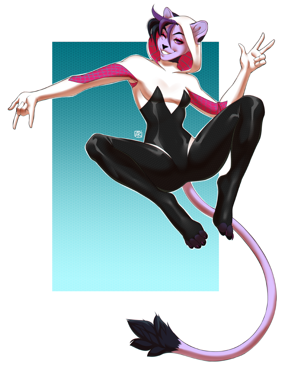 2019 5_figners anthro clothed clothing cosplay costume digital_media_(artwork) felid female lion mammal pantherine rayley smile solo spider-gwen